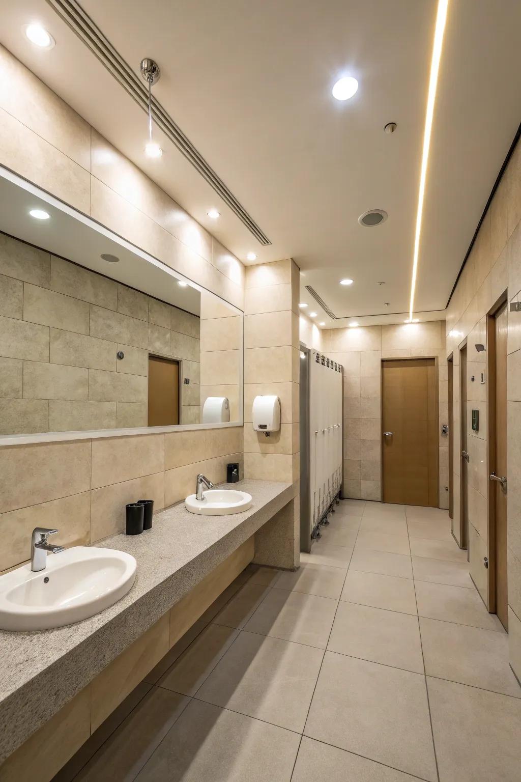 A minimalist public restroom radiating tranquility through its pristine lines and understated color scheme.