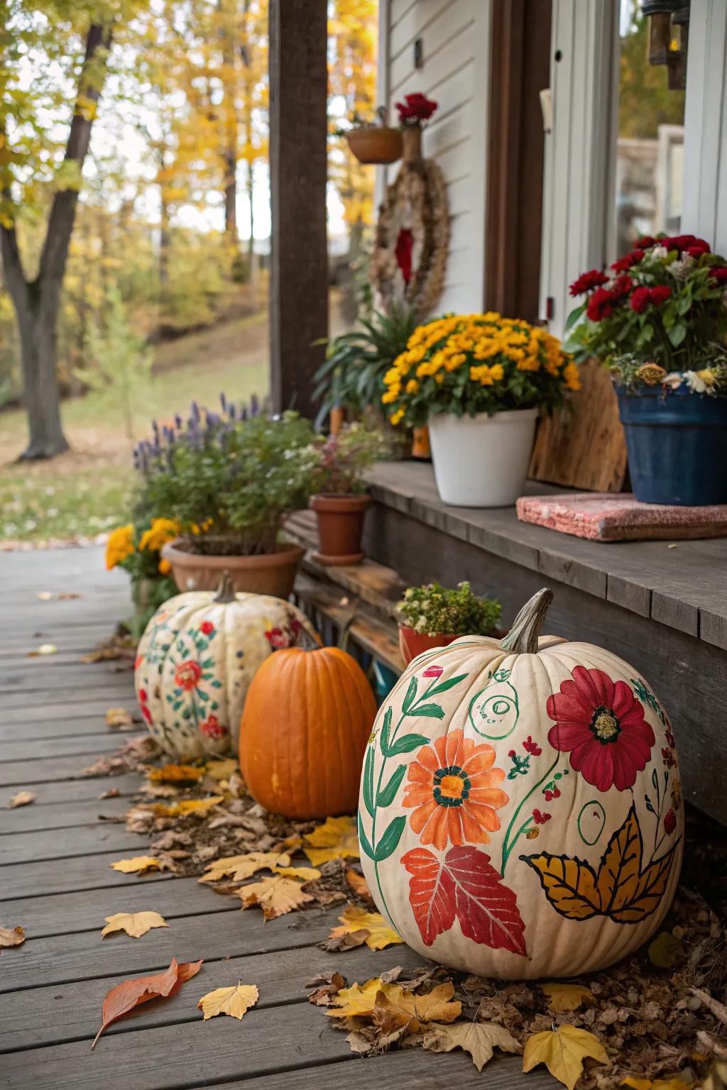 Pumpkins made vibrant with flower paintings.