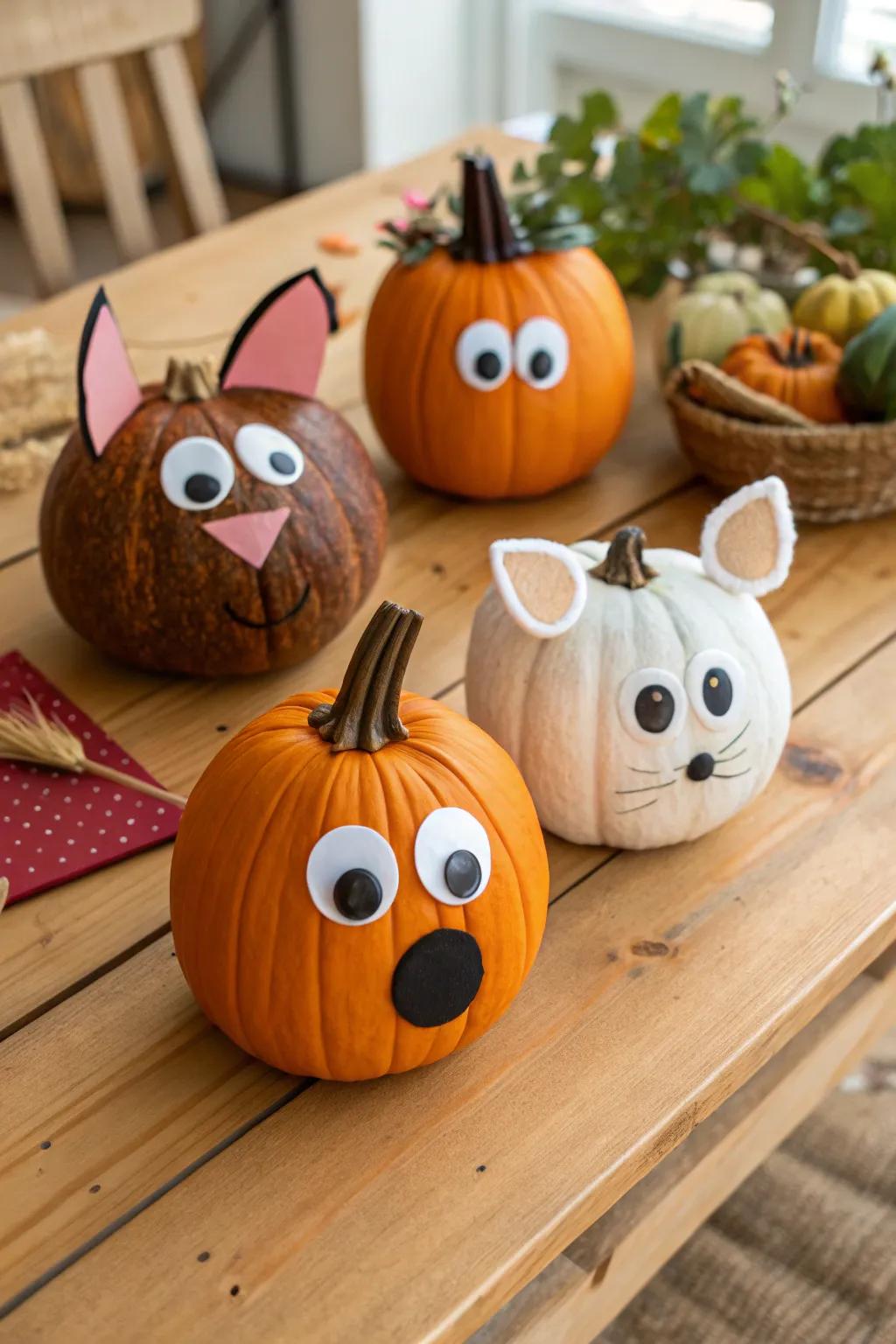 Pumpkins imaginatively styled as adorable animals.