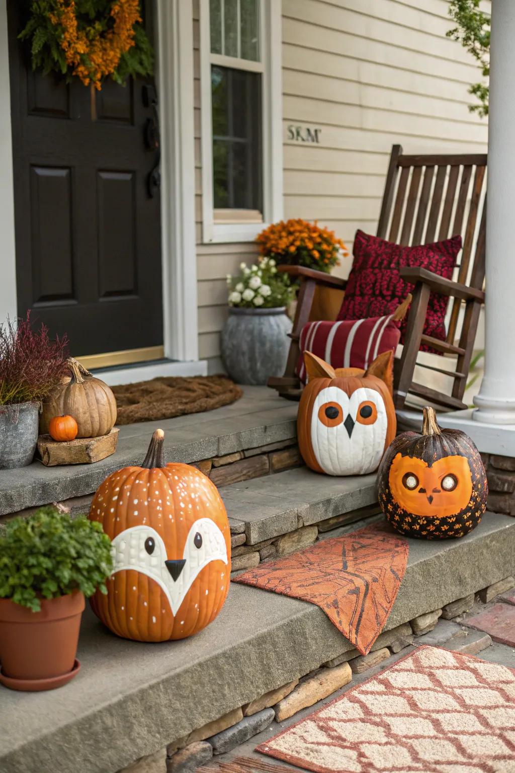 Turn ordinary pumpkins into charming animal faces for a playful accent.