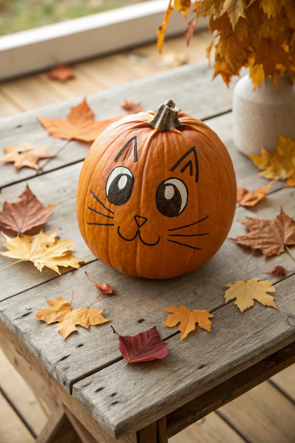 A pumpkin carved with an adorable cat face, perfect for cat lovers.