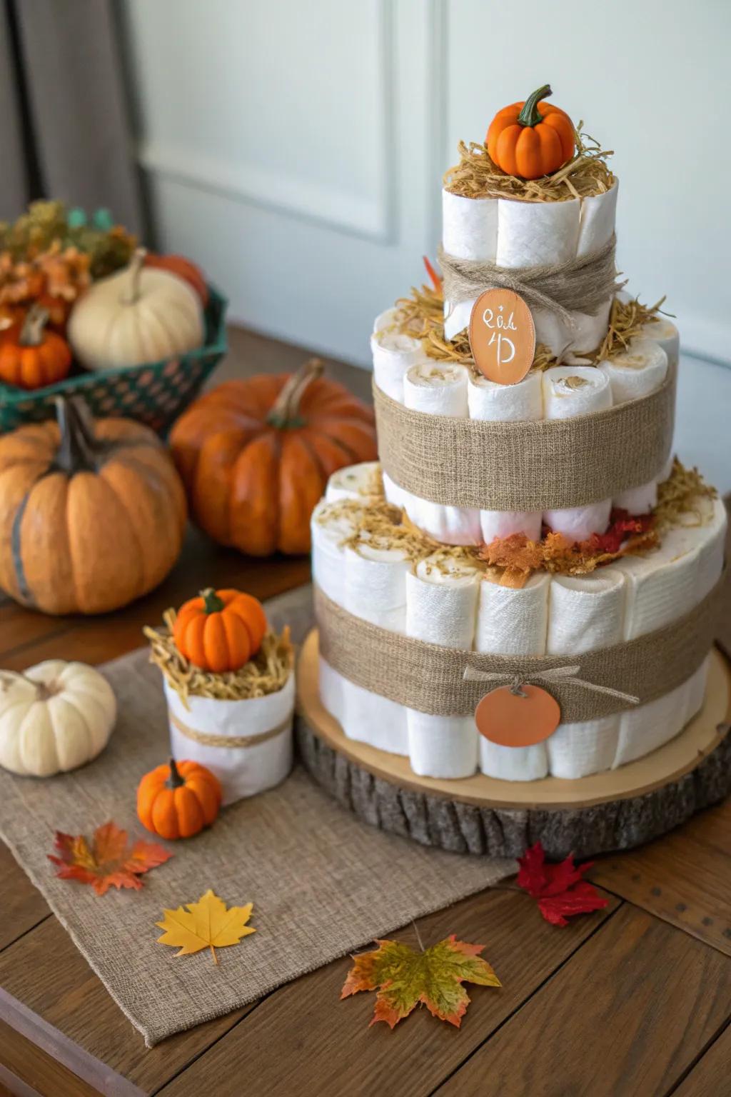 A quintessential pumpkin garden diaper creation is an essential for any autumnal baby celebration.