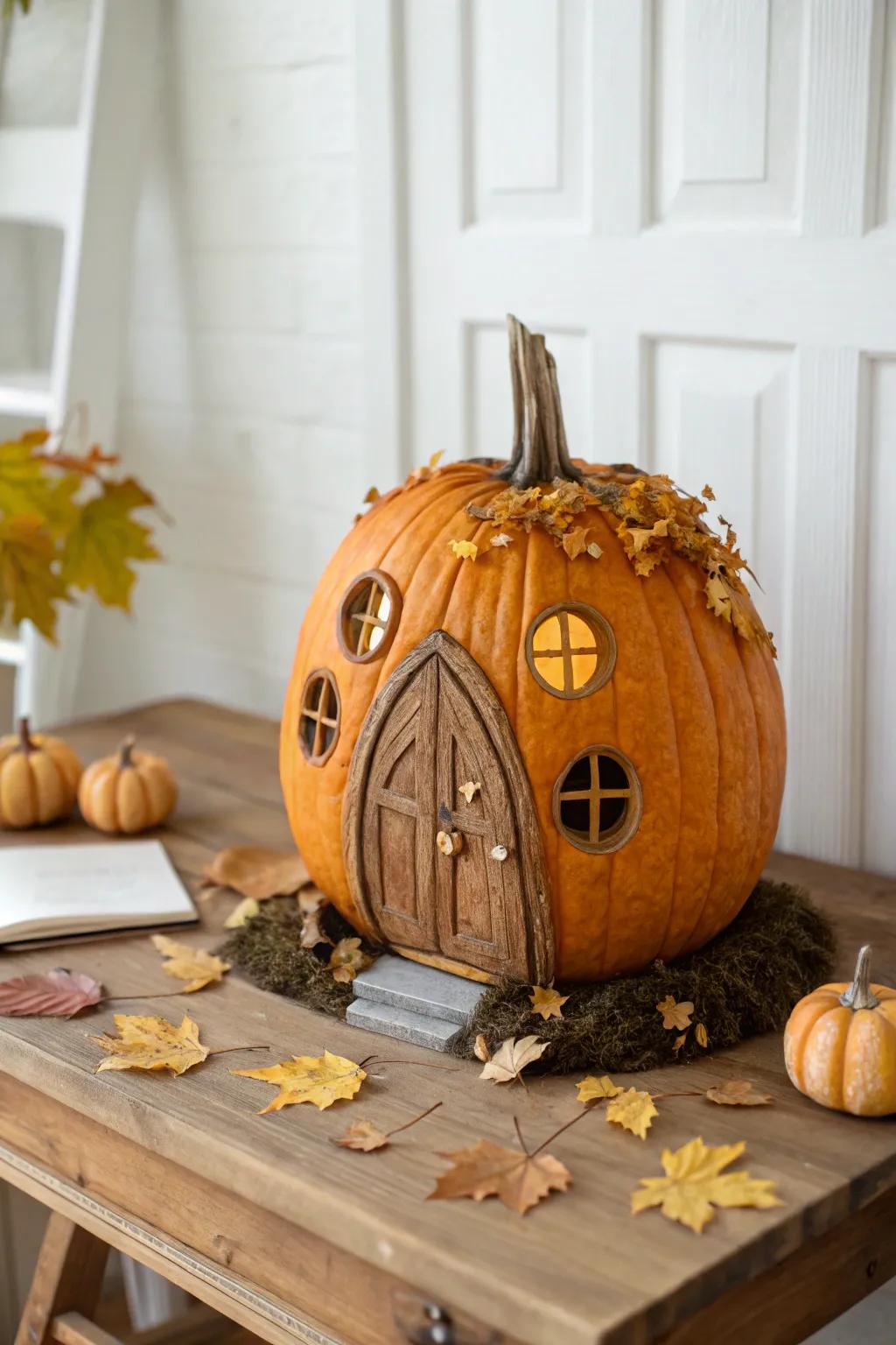 Embrace autumn's enchantment with a timeless pumpkin fairy dwelling, where simplicity converges with captivating artistry.