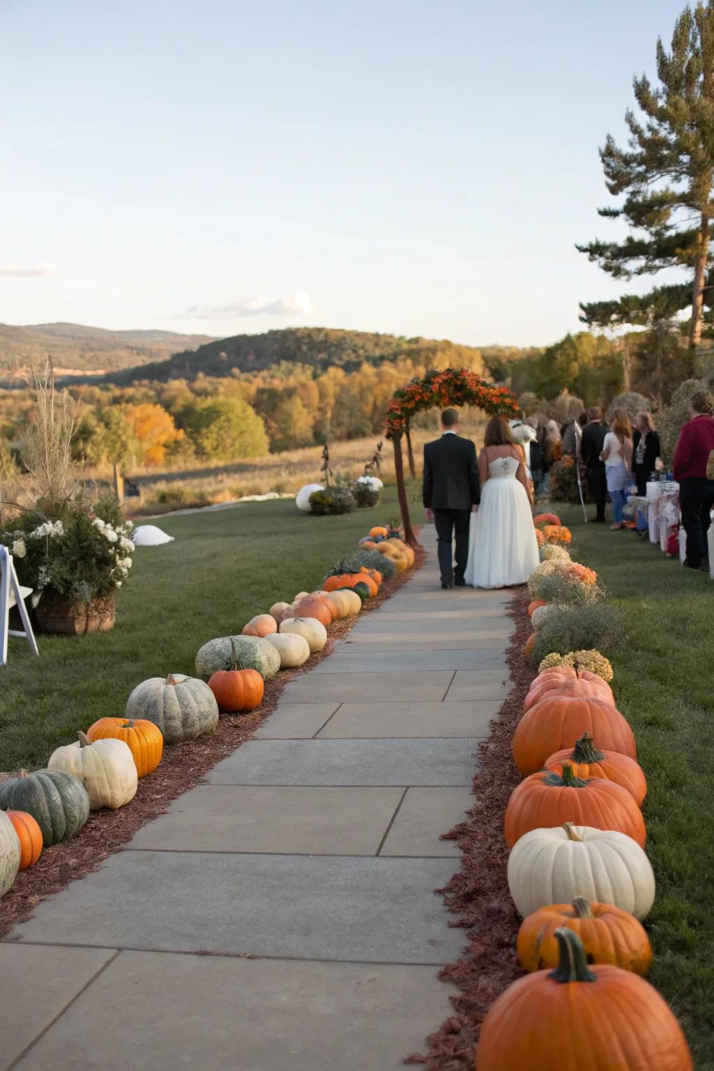 A captivating path marked by pumpkins, guiding guests to a wedding celebration.