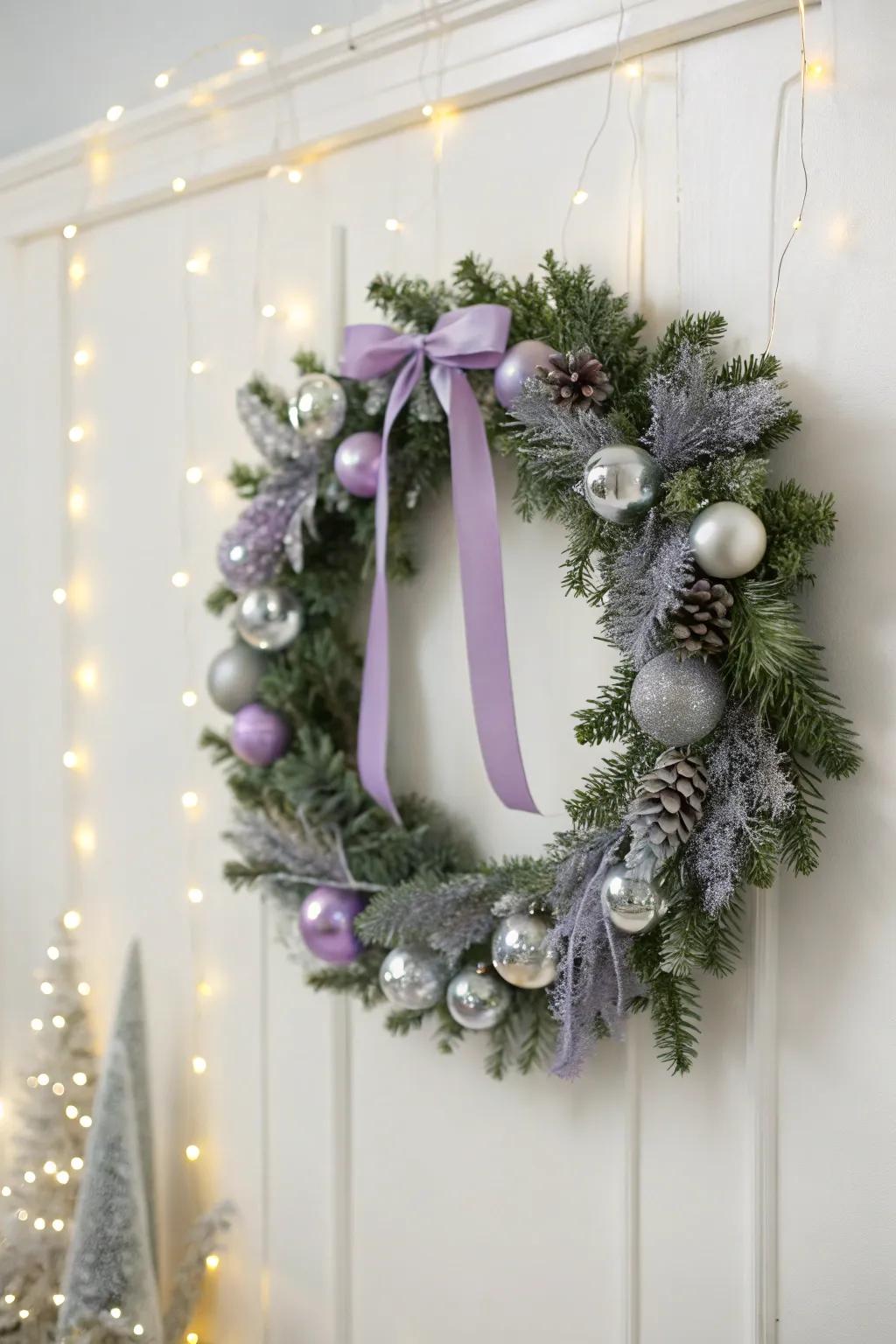 Amethyst and silver combine to fashion an elegant Christmas wreath.