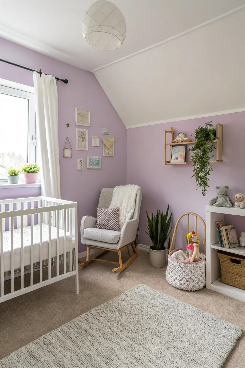 Lavender walls create a calming and soothing ambiance.
