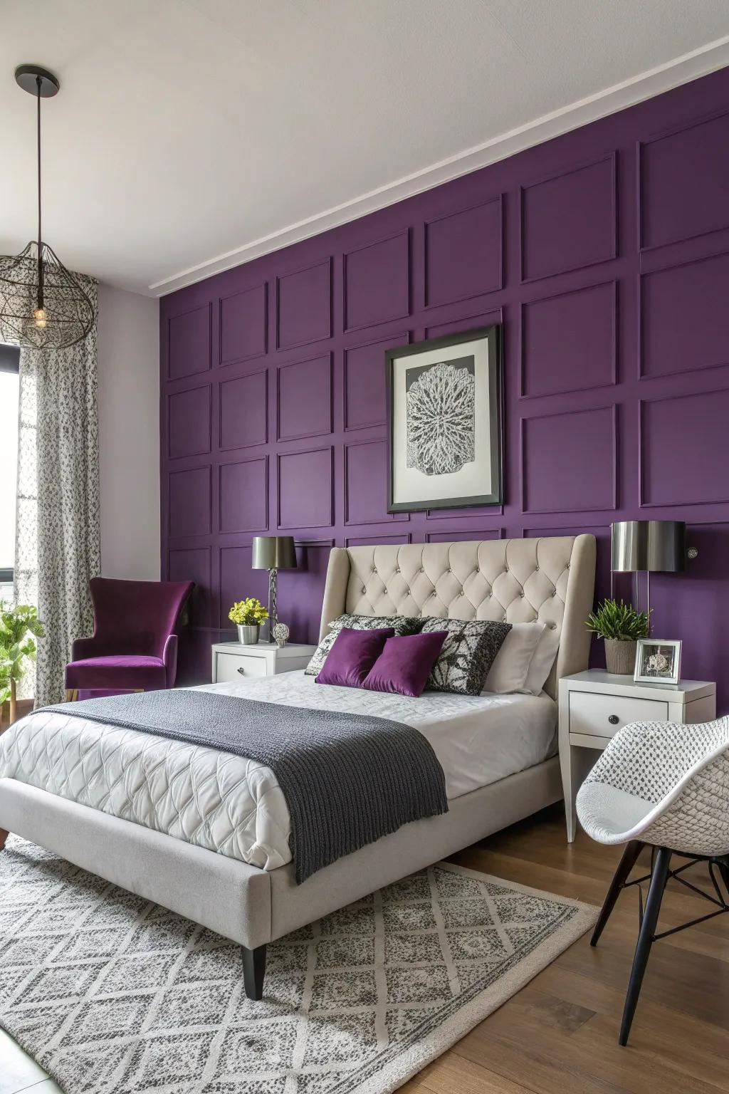 A bedroom showcasing a striking violet feature wall creating a bold visual impact.