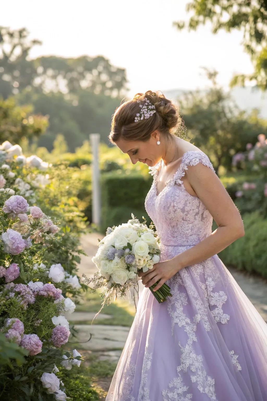 A bride in a striking lilac gown brings an element of fantasy to her special occasion.