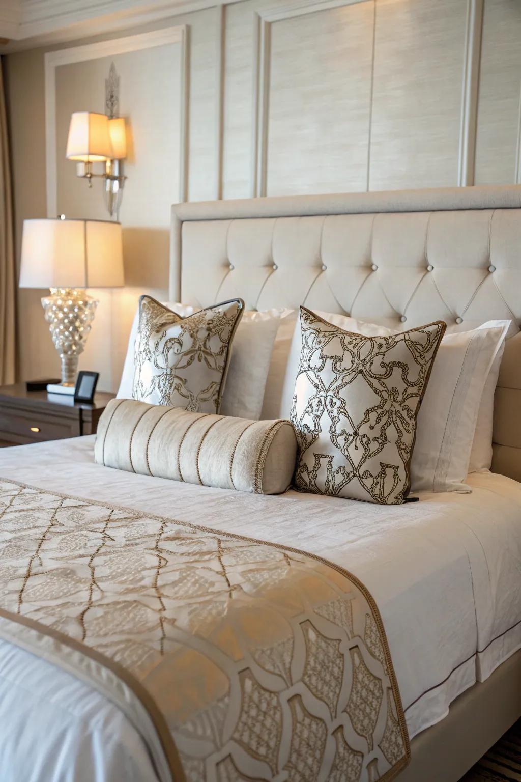 A balanced and symmetrical pillow arrangement on a queen bed.
