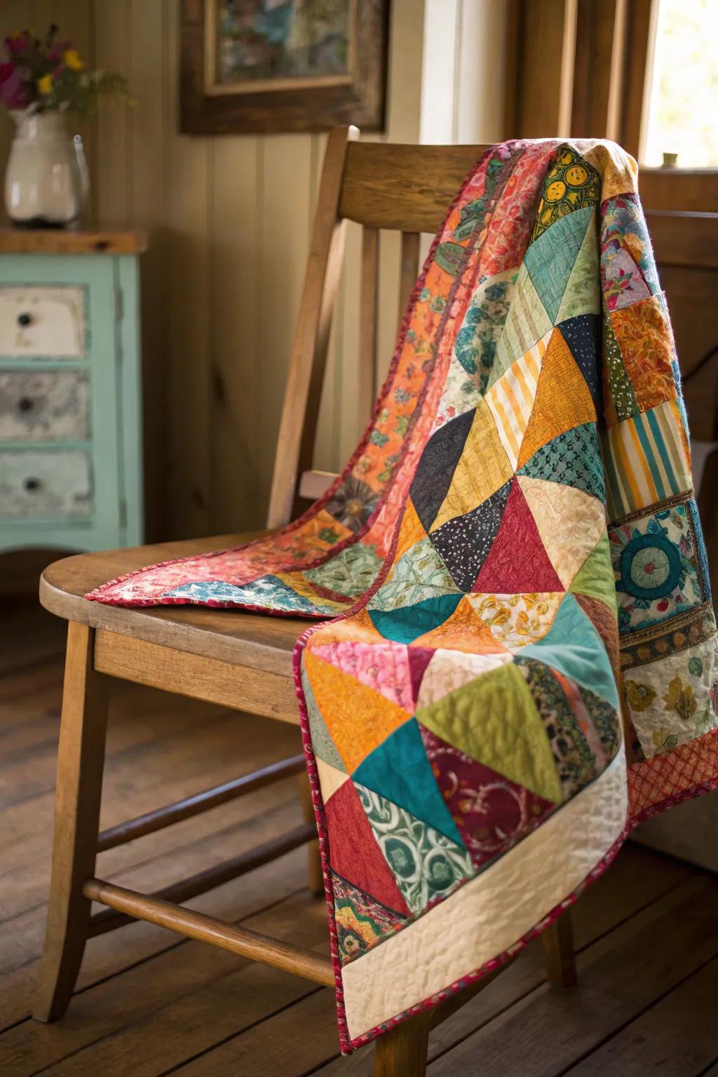 Eclectic binding infuses a playful and vibrant element into any quilt.