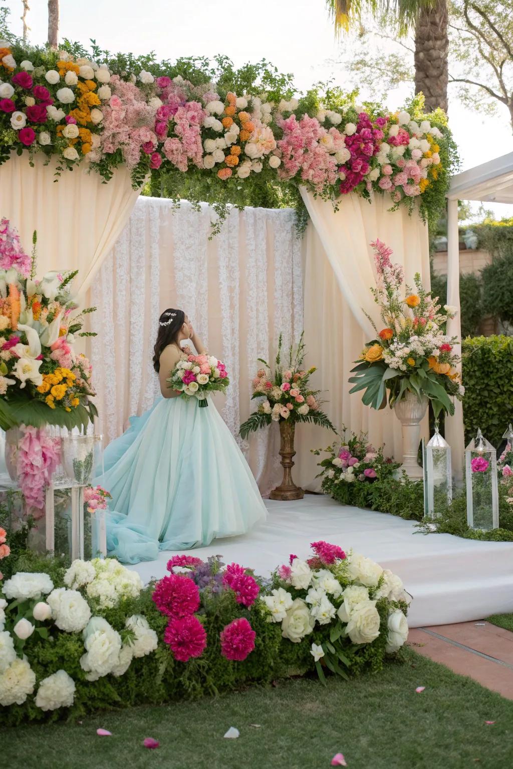 A floral backdrop transforms any venue into a whimsical garden setting.