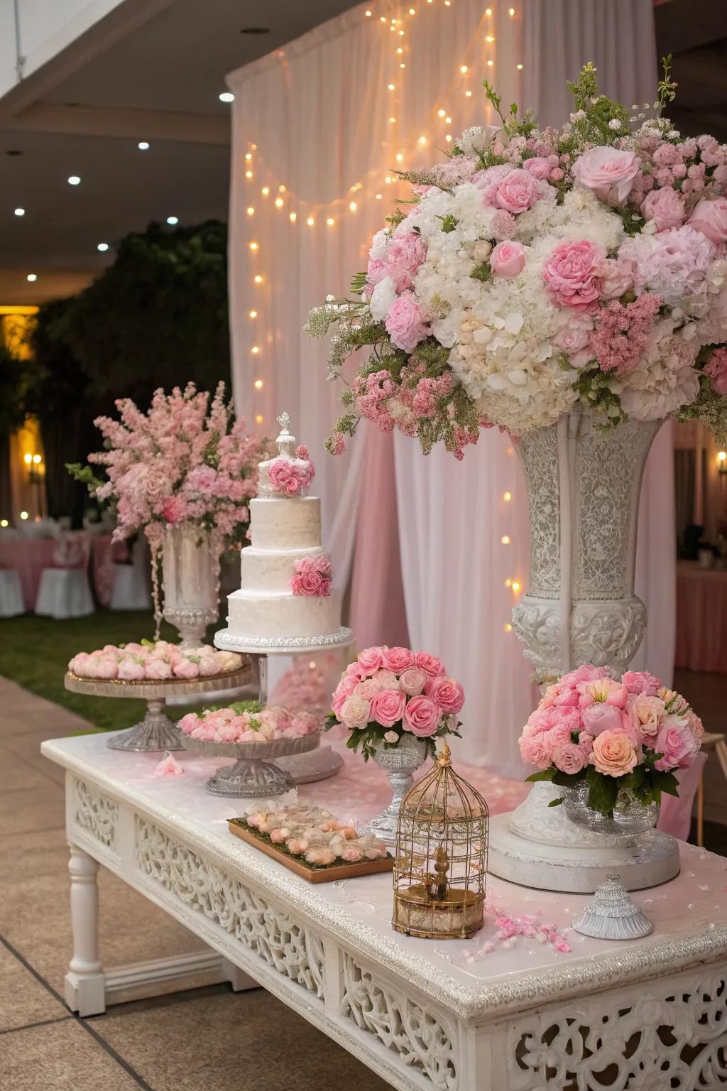 Stunning blossom arrangements establish the atmosphere for a bewitching celebration.