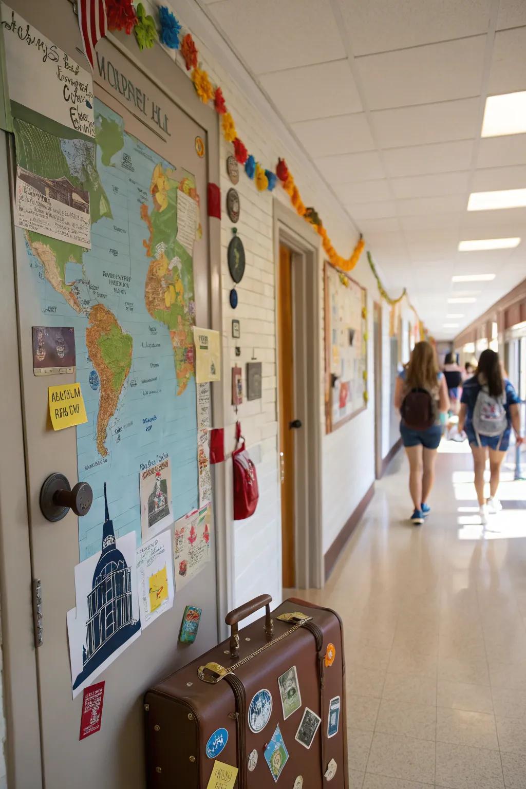 Travel-themed decorations turn your door into a gateway to adventure.