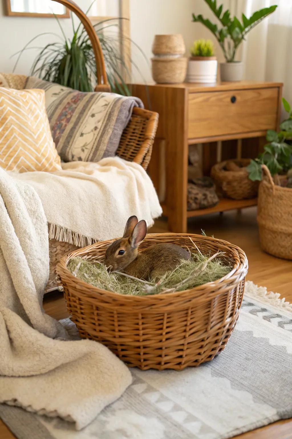 A bough basket filled with rabbit hay, introducing a rustic flavor to the area.