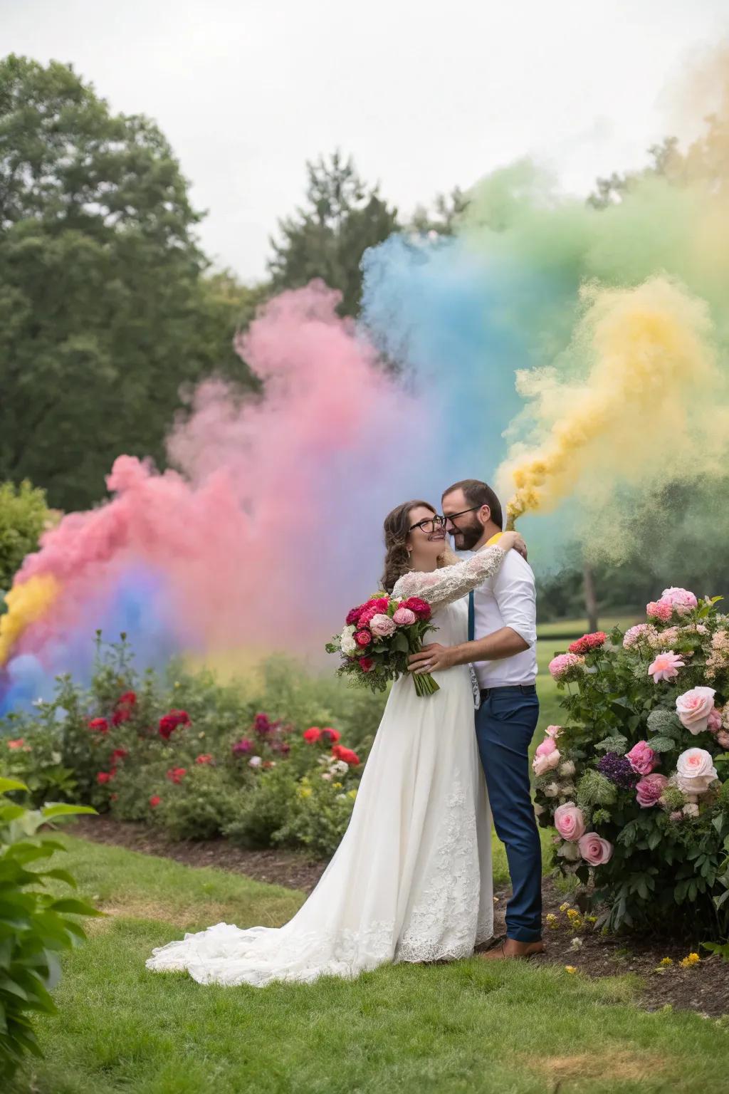 The happy couple in a dreamy pose, surrounded by a rainbow of smoke during their wedding shoot.