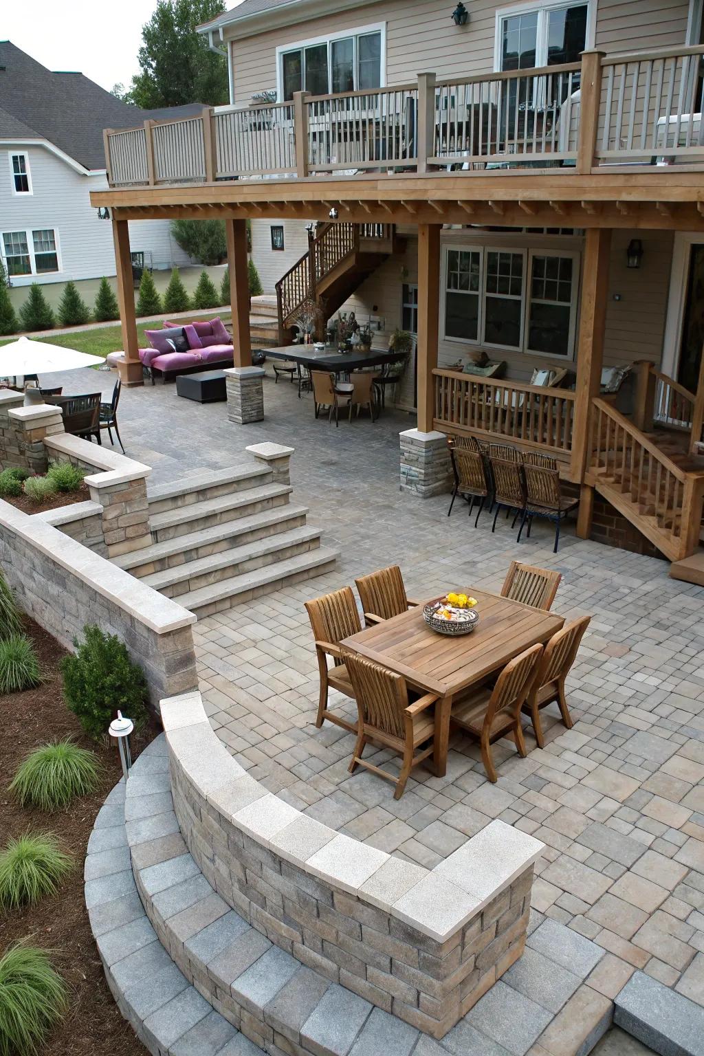 A multi-tiered patio establishes individual spaces for varied activities.