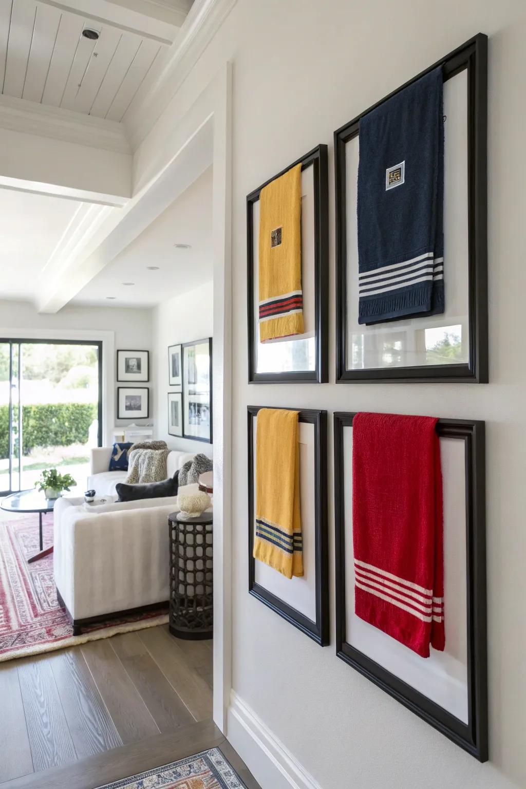 Framed rally towels make captivating wall decorations.