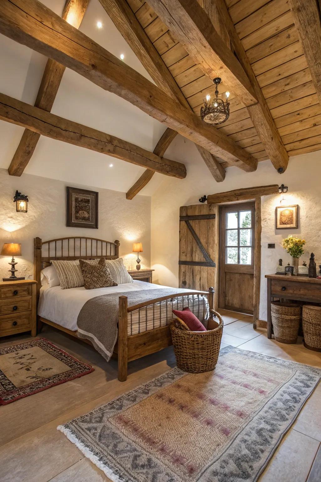 A ranch-style bedroom showcasing exposed timber supports and countryside-inspired design.