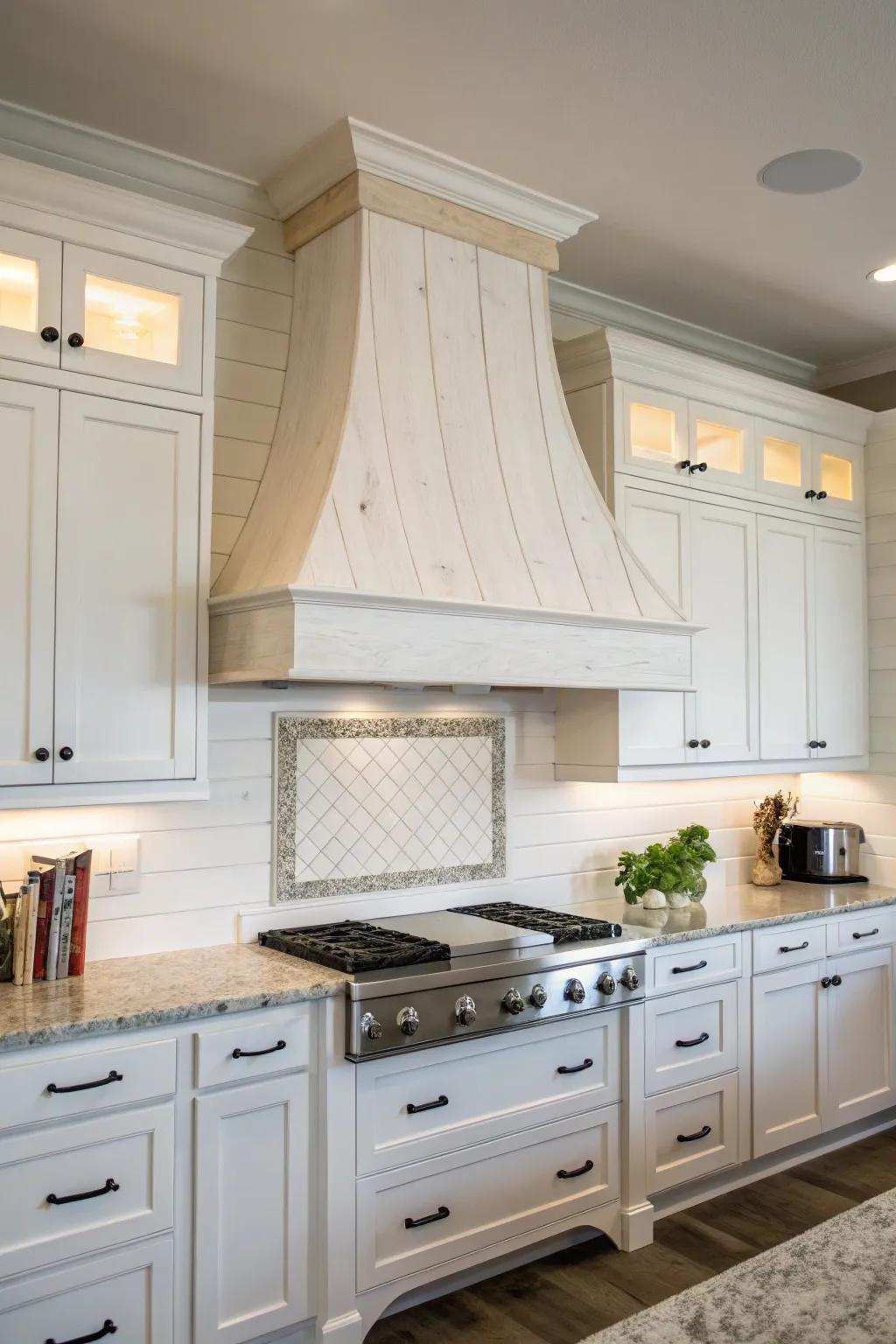 A minimalist white timber range hood cover for a timeless kitchen atmosphere.
