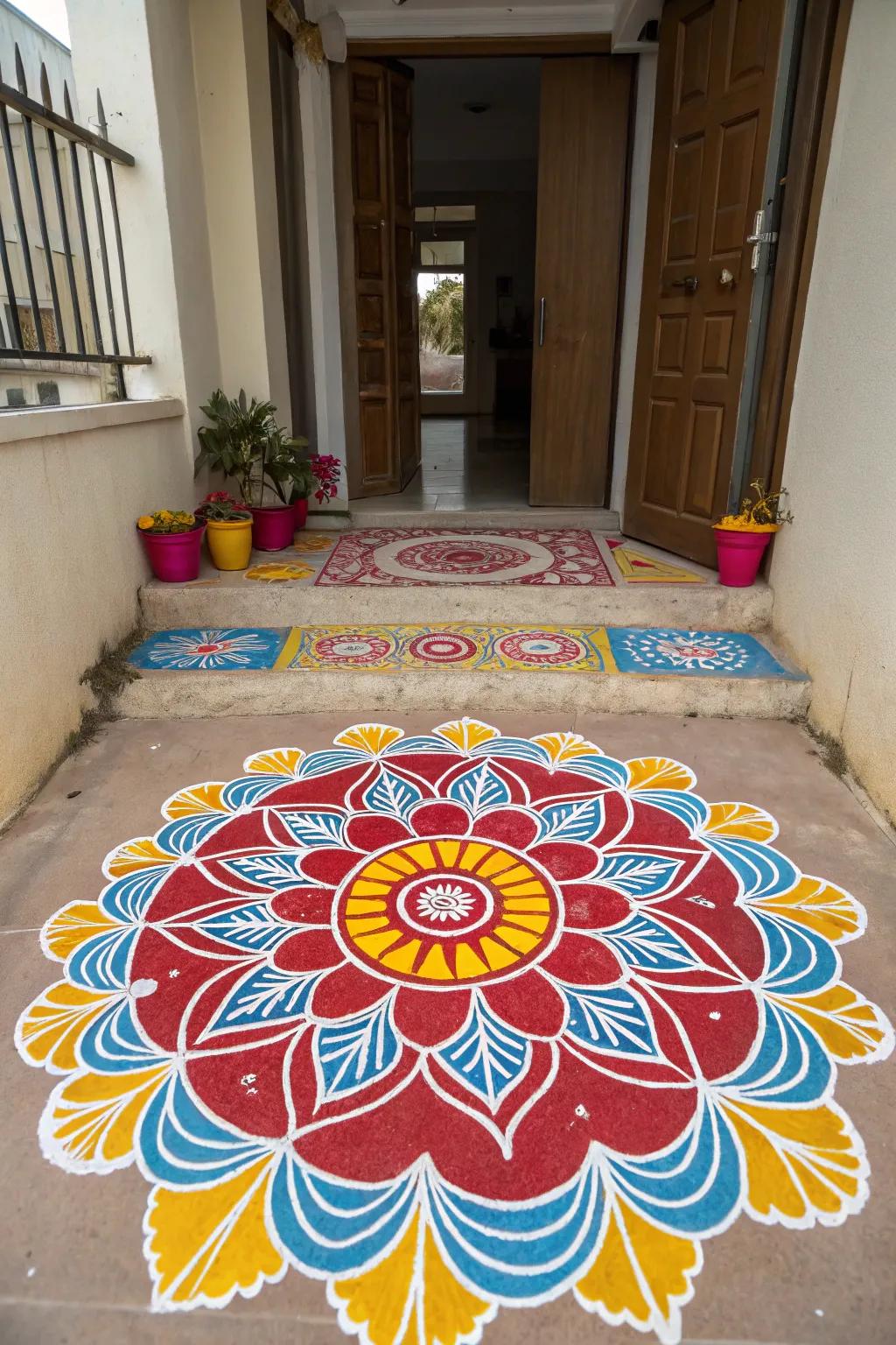 Vibrant colors awaken in this rangoli artwork, the epitome of Diwali celebrations.
