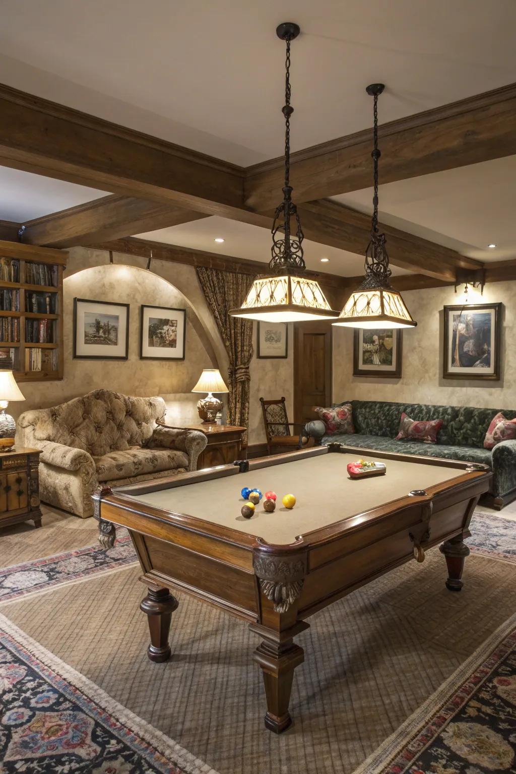 A pool table gives a timeless charm to your rec room.