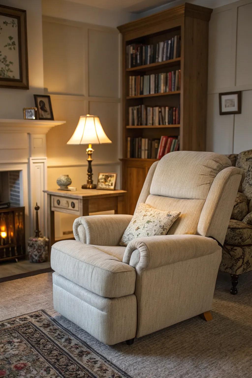 An intimate corner featuring a reclining sofa and a coordinating armchair, perfect for unwinding.