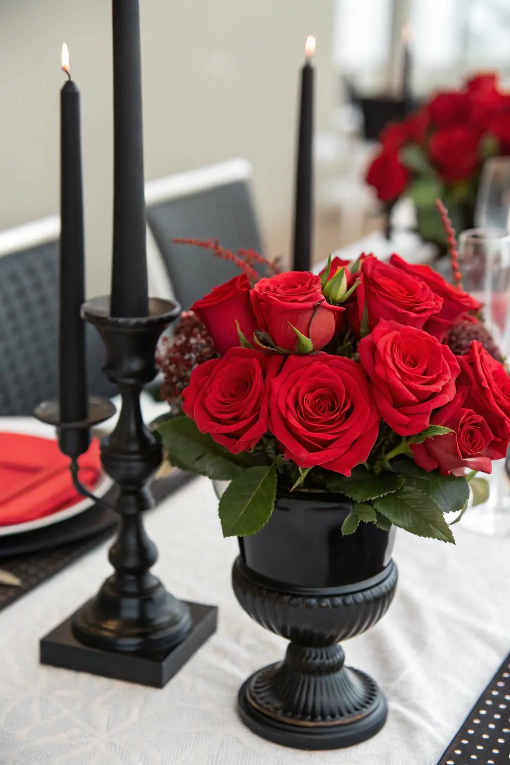Scarlet roses nestled in an obsidian container, coupled with onyx candle stands, form a loving decorative display.
