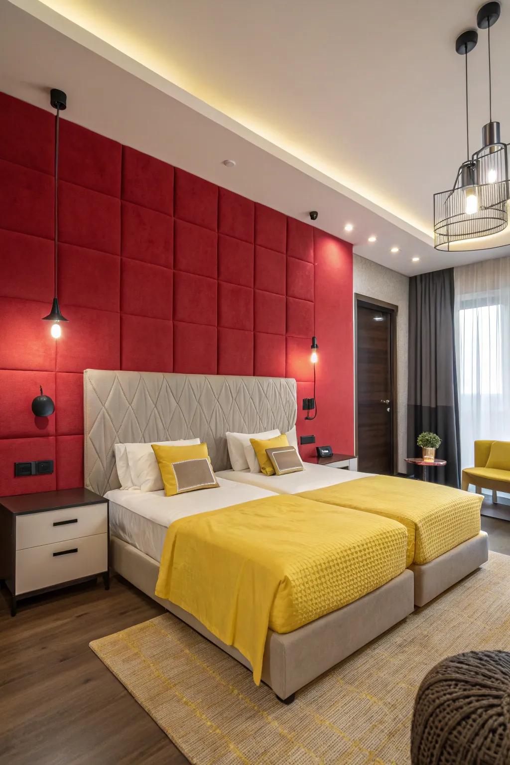 The striking red feature wall enriches the yellow bedding, fashioning a mesmerizing visual impact within this snug bedroom.