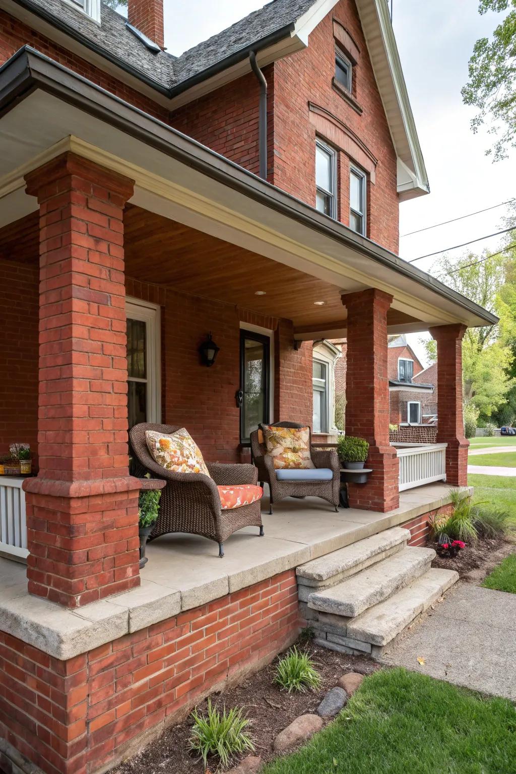 A comfortable seating nook on a red brick porch, perfect for relaxing with a book.