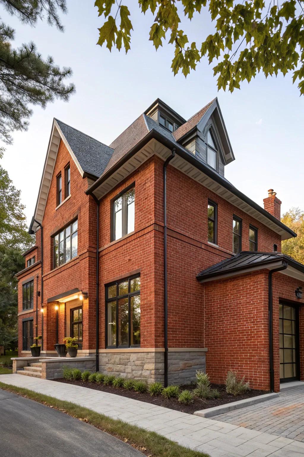 A balanced combination of contemporary and classic styles on a red brick house.