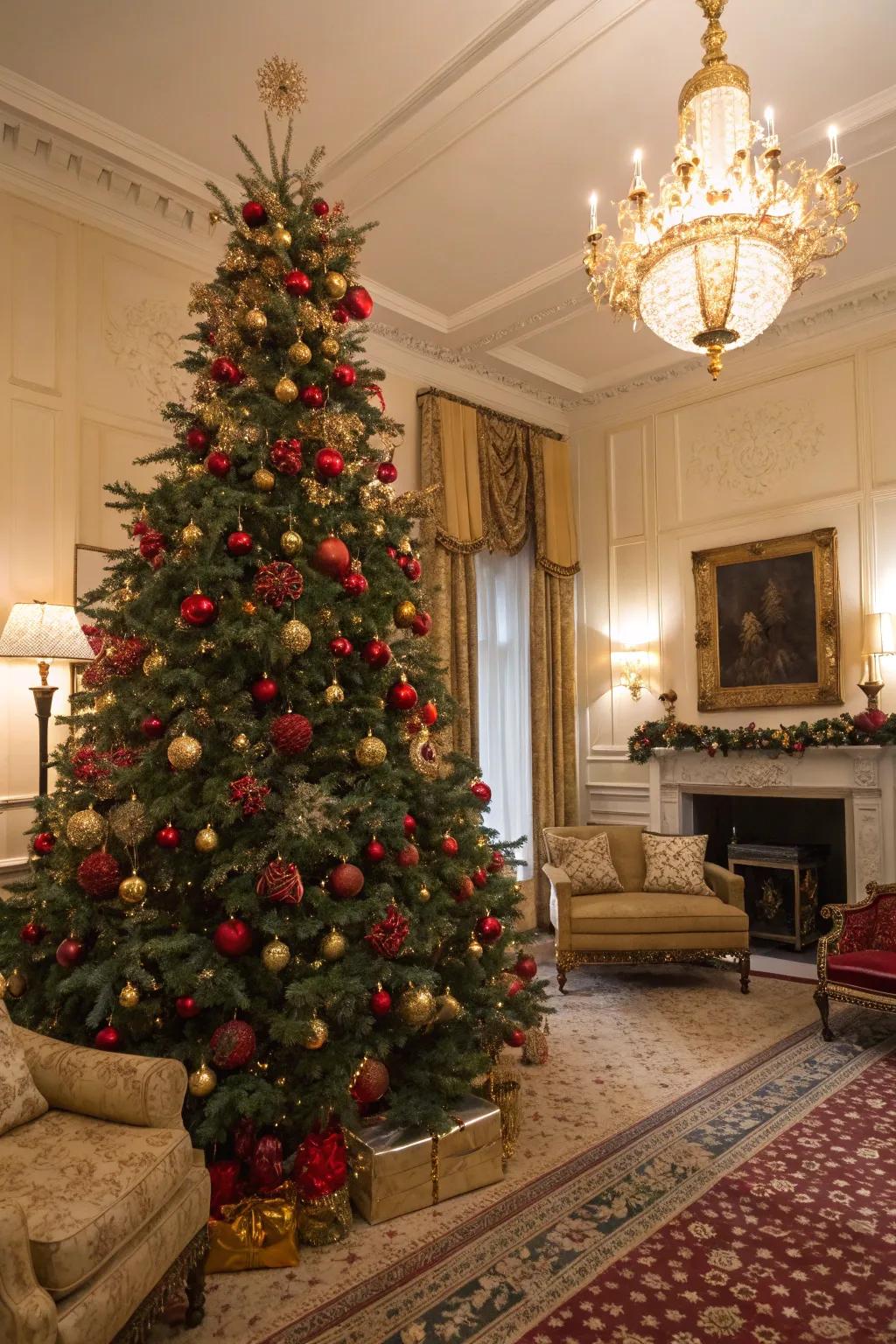 Classic red and gold Christmas tree adorned with elegant ornaments