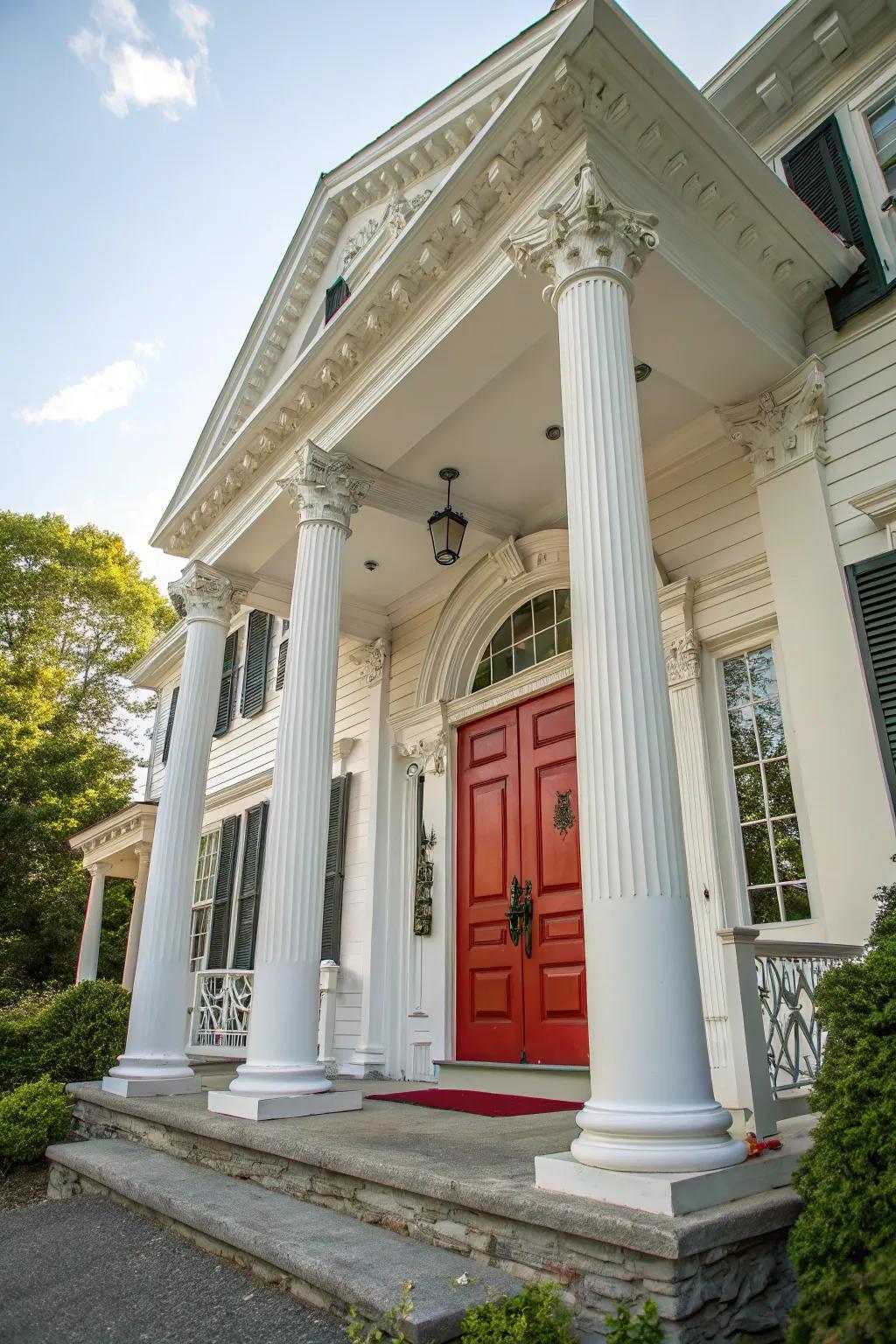 Colonial house featuring a striking crimson front door, radiating timeless elegance.
