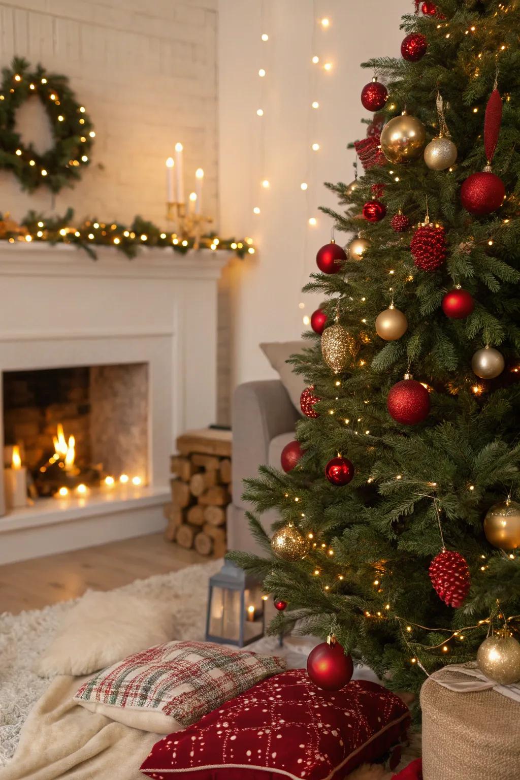 A quintessential Christmas tree showcasing crimson and gilded spheres for a traditional ambiance.