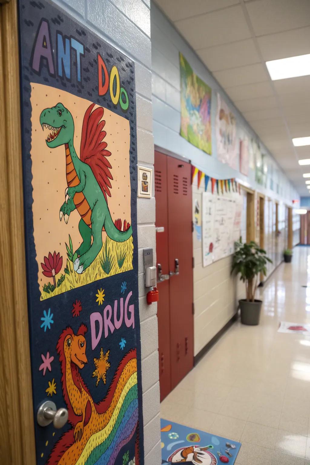 Transform your entrance into a prehistoric warning zone filled with dinosaurs and a compelling message.