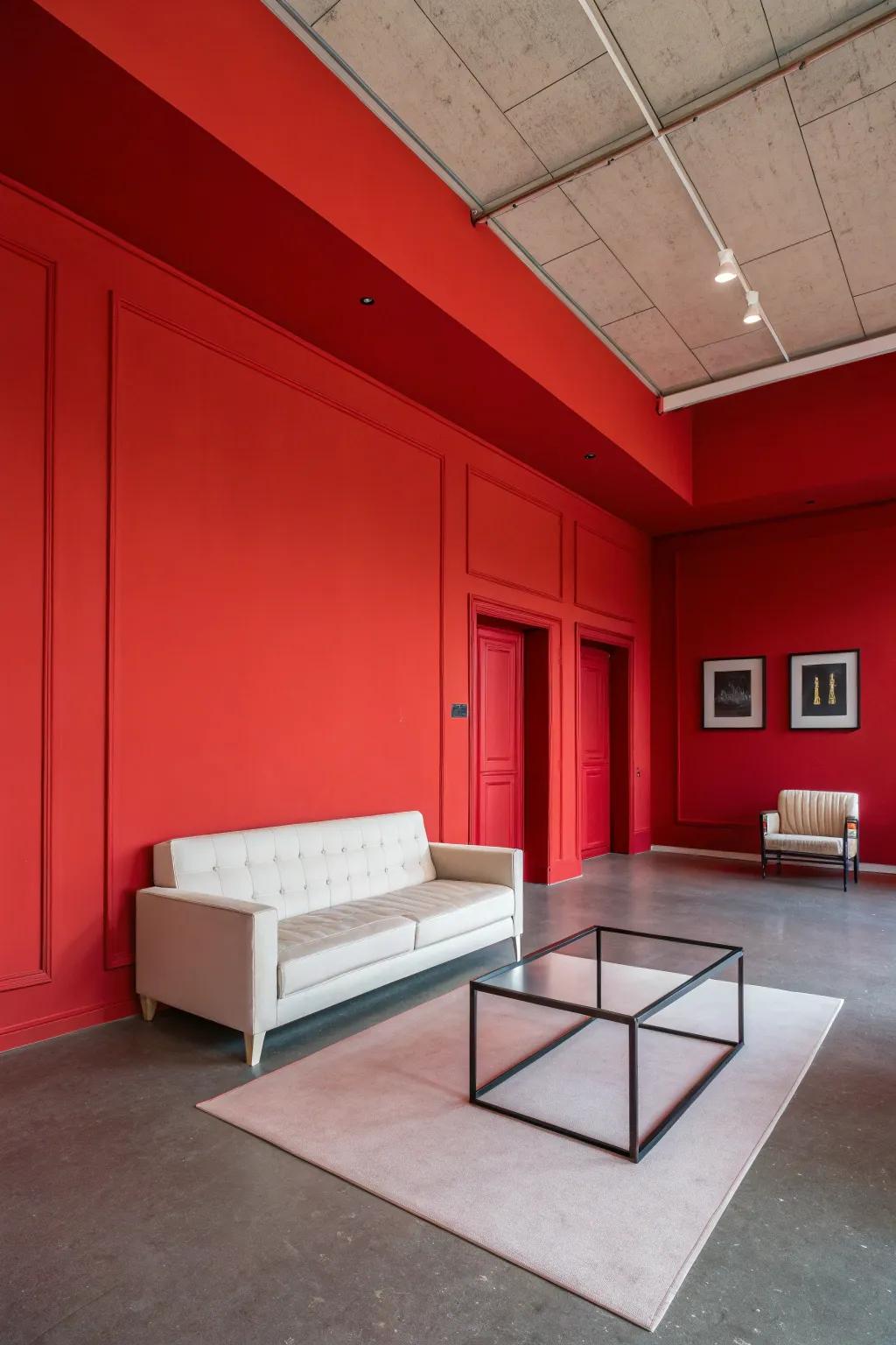 A space featuring walls in a daring crimson shade, delivering an ideal scene for minimalist décor.
