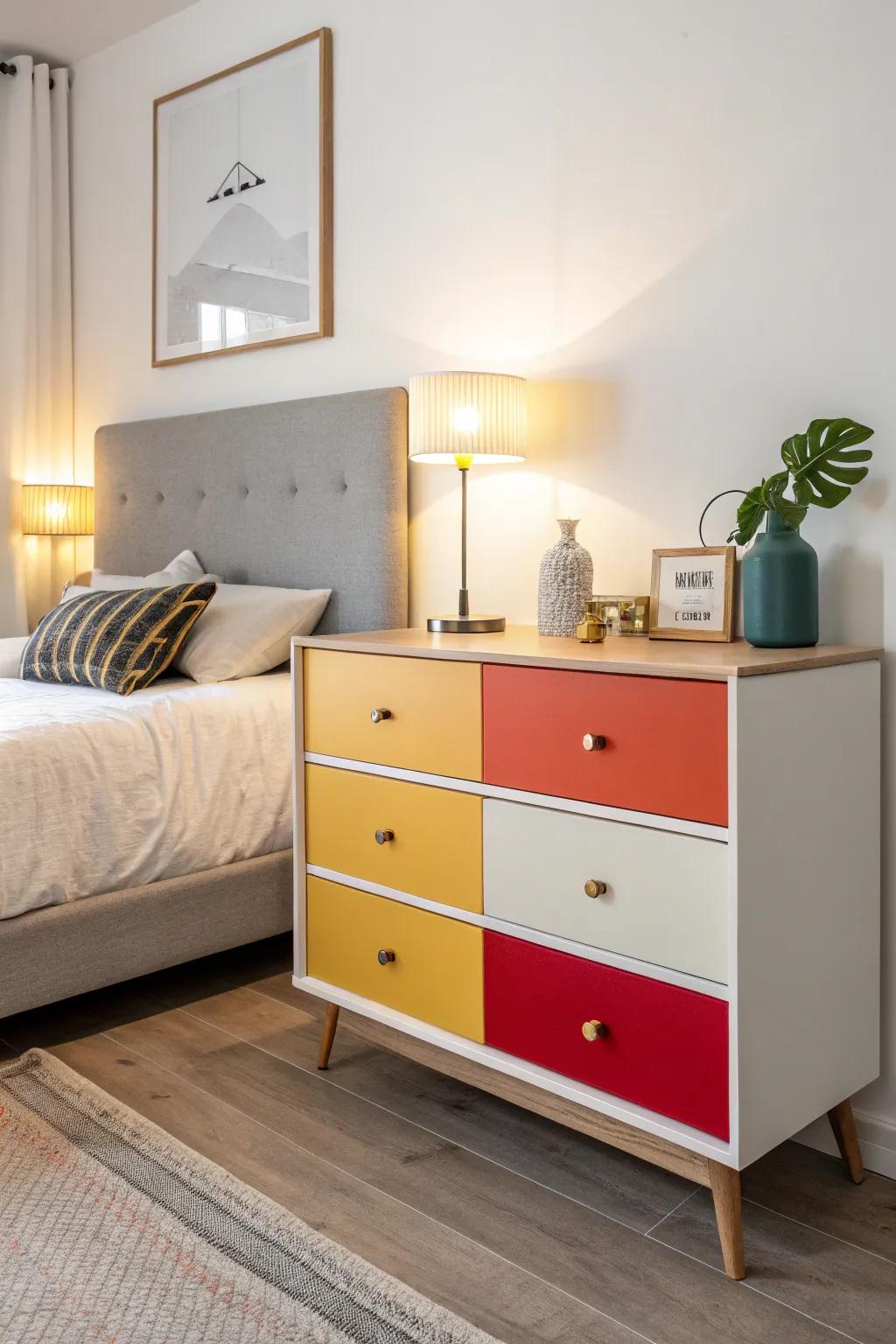 A color-blocked dresser adds a splash of personality to any room.