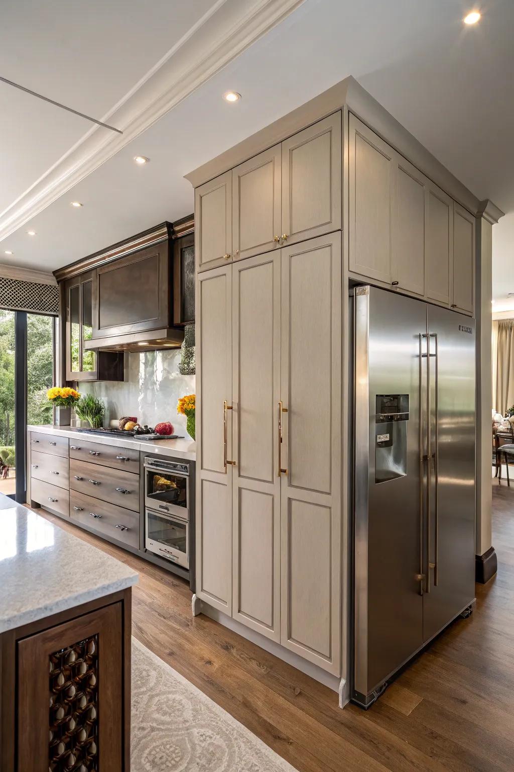 A kitchen where the refrigerator is ingeniously hidden behind custom cabinet panels.
