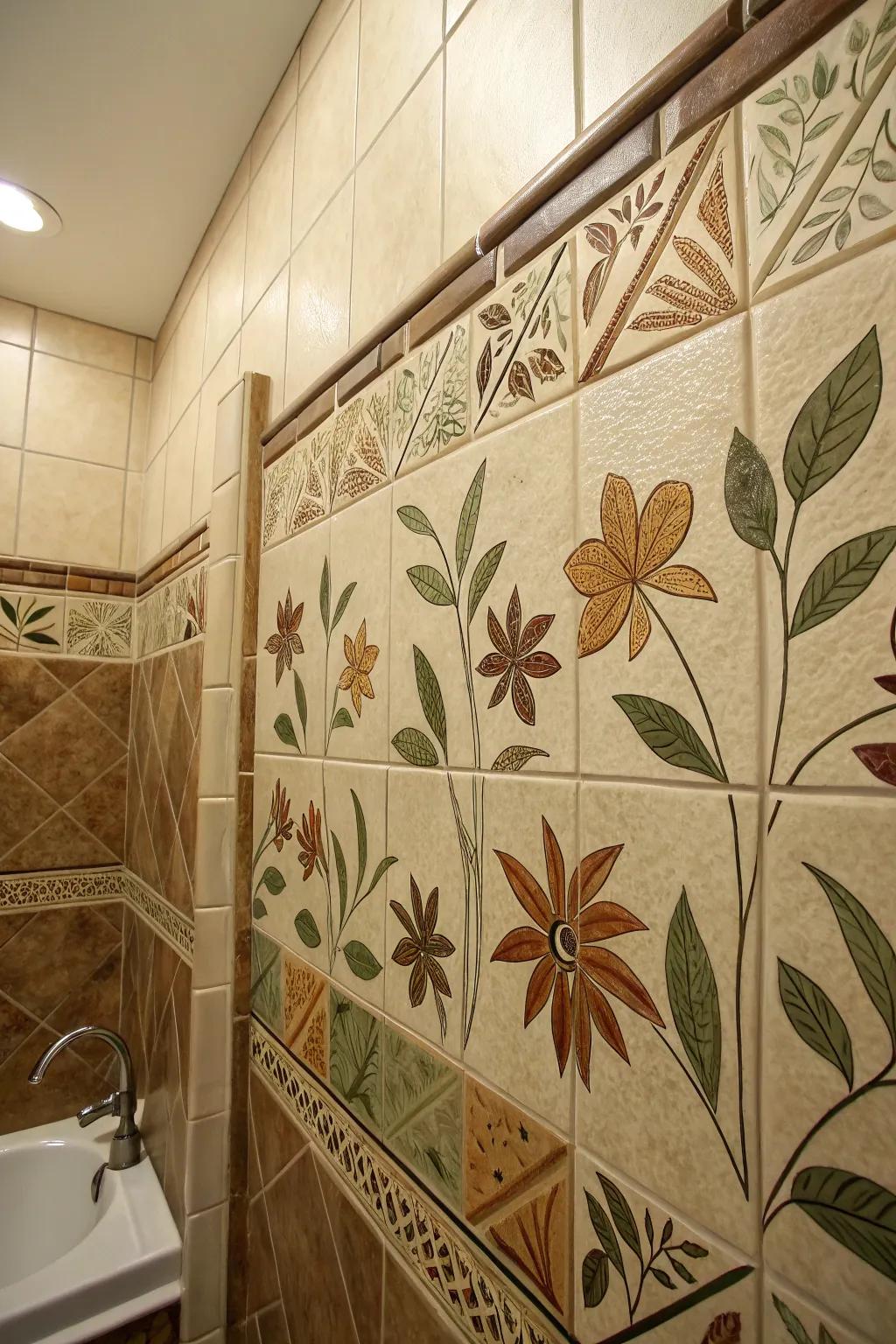 Earthy tones and leaf patterns on sculpted tiles bring nature inside.