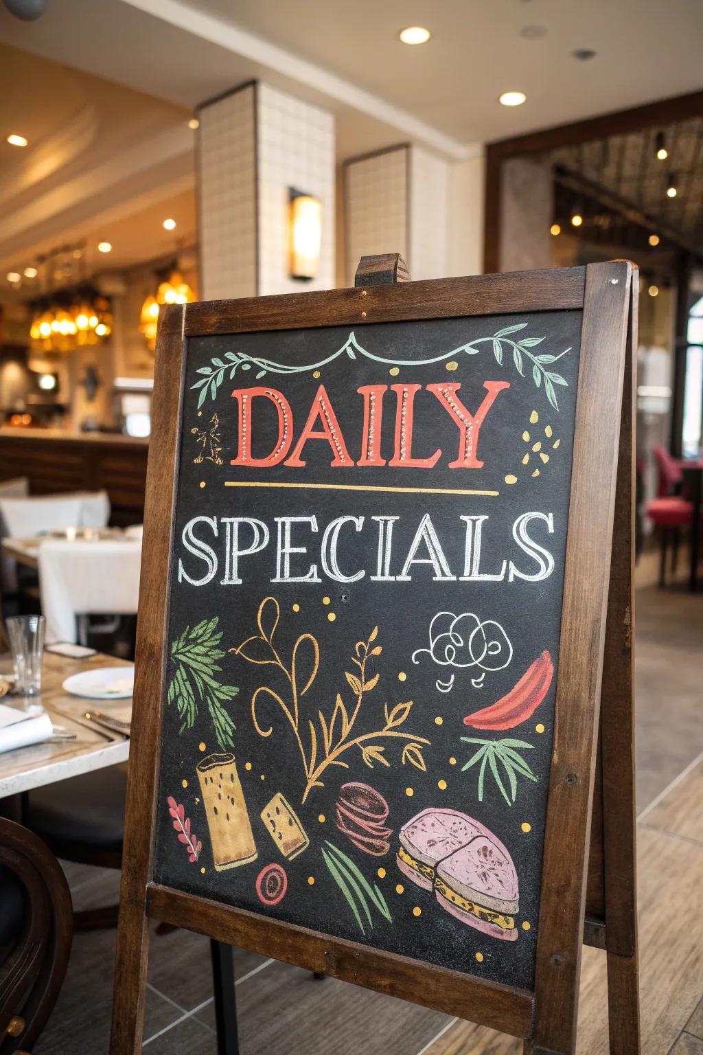 A restaurant chalkboard vibrantly displaying daily specials with eye-catching colors and illustrations.