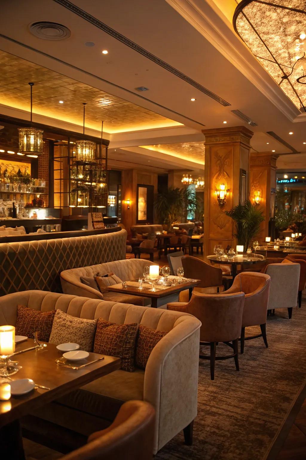 Heartwarming lighting and cozy seating establish an enticing mood.