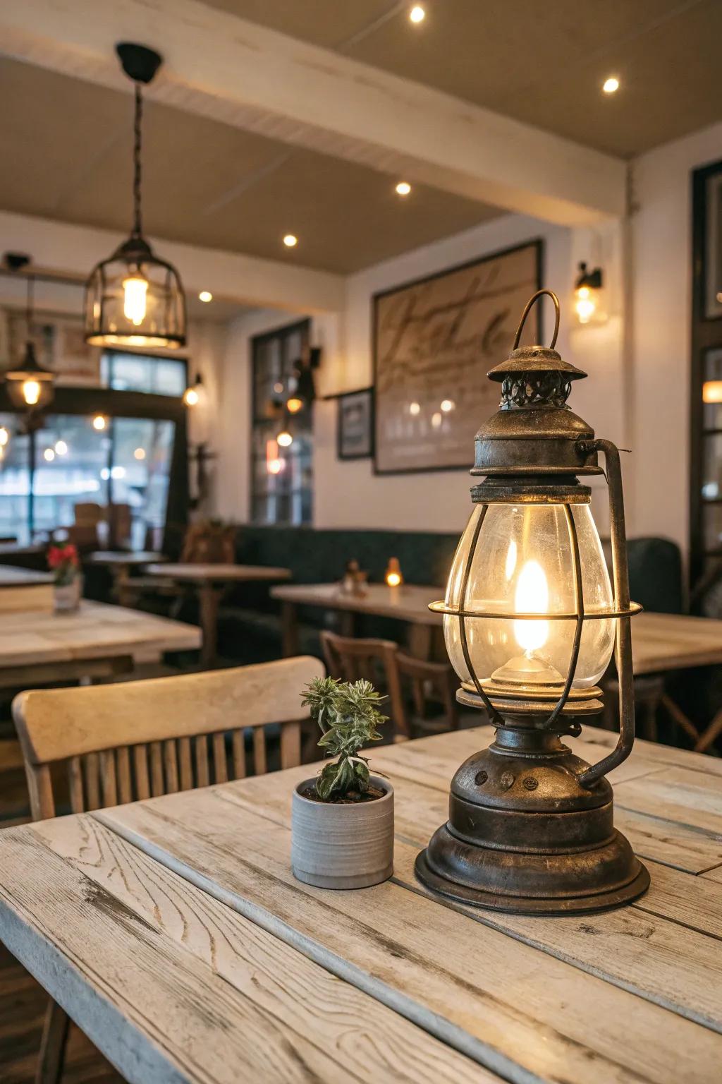 A vintage lantern-style table lamp rests on a rustic wooden table in a restaurant.