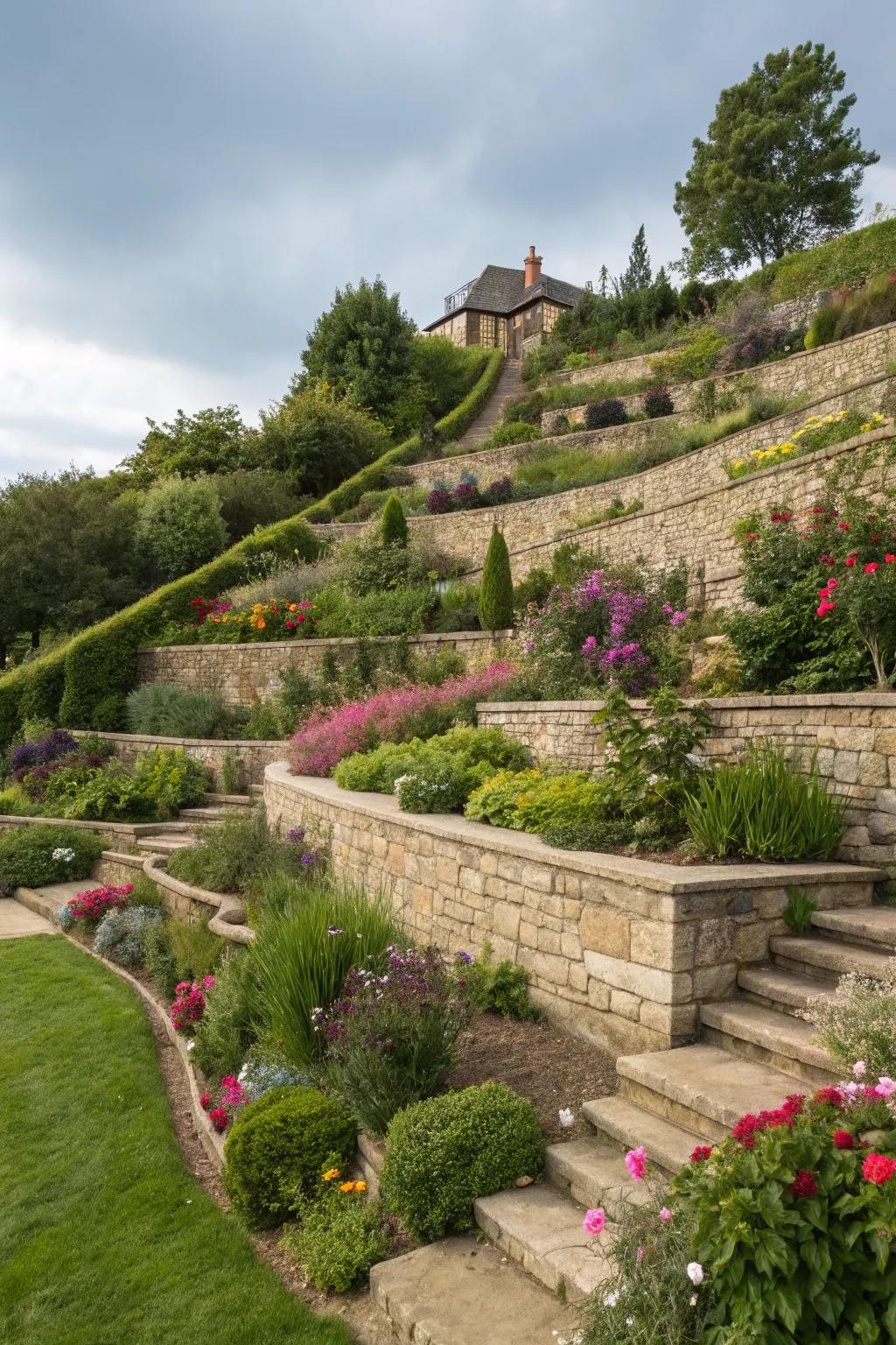 A stepped garden showcases multiple levels supported by retaining structures, filled with a variety of flourishing plants.