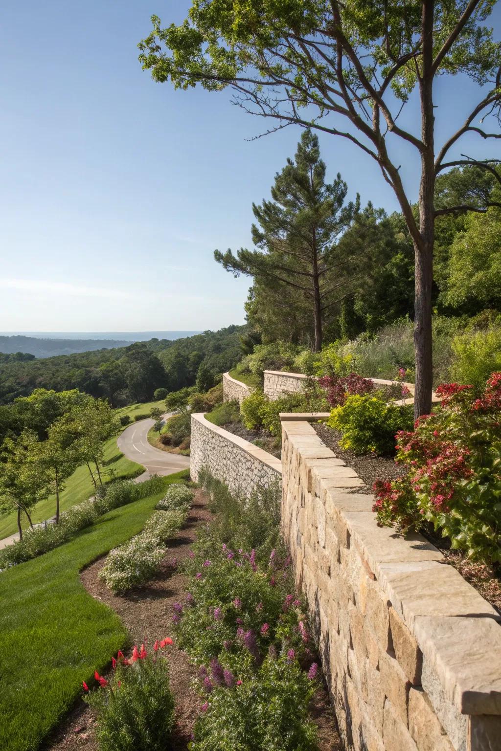 Timeless sophistication is added to retaining walls by natural stone caps.