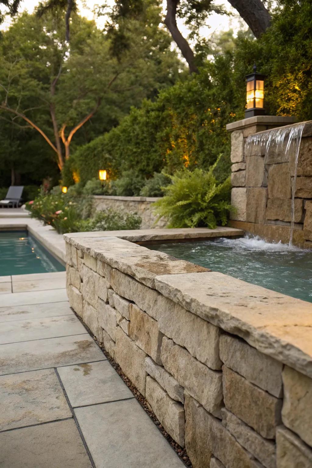 A stone retaining wall featuring a relaxing water feature.