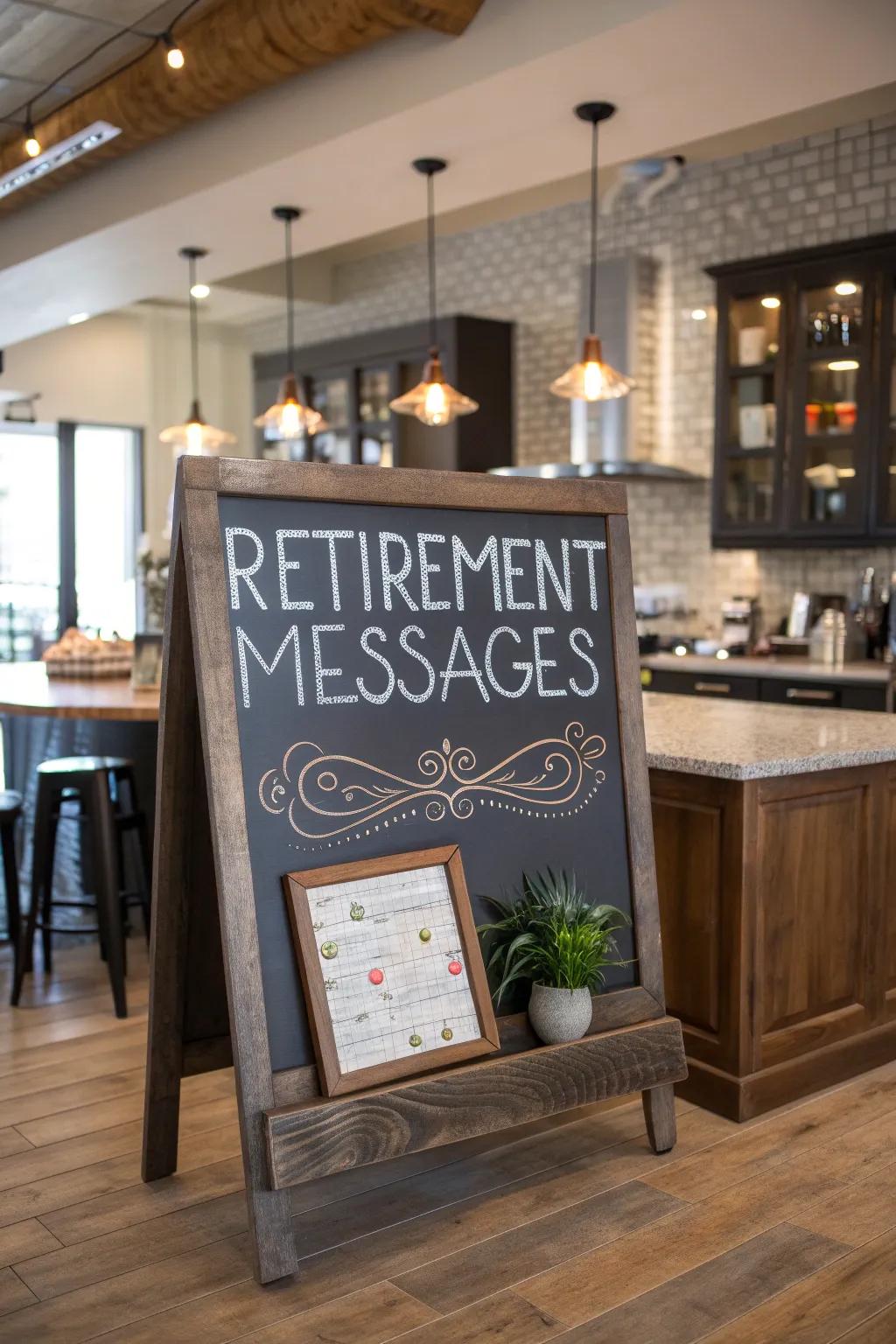 A charming slateboard sign brings fun to any retirement celebration.