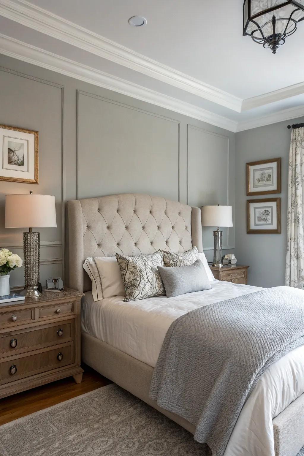 A sophisticated upholstered headboard beautifully enhances the Gentle Gray walls.