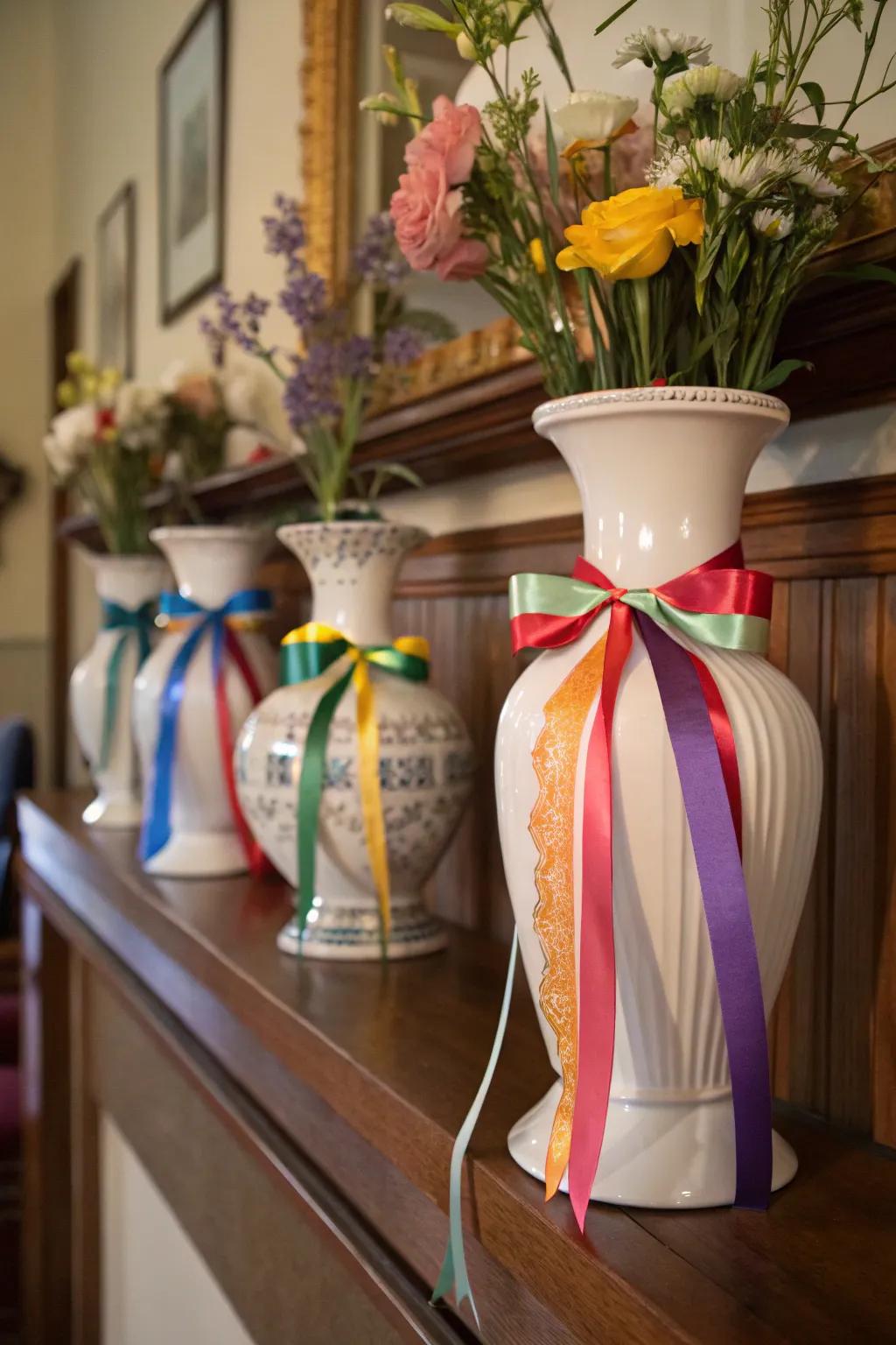 Infuse sophistication into your vases with effortless <strong>ribbon</strong> wraps.” loading=”lazy” class=”pimg”>
	</picture><figcaption>Infuse sophistication into your vases with effortless <strong>ribbon</strong> wraps.</figcaption></figure>
<p>A simple <strong>ribbon</strong> encircling a vase can metamorphose it into a captivating centerpiece, gracing your mantel or dining table. I’m fond of intermingling diverse textures and hues to cultivate a distinctive aesthetic that harmonizes with my personal milieu.</p>
<h3>Consider these options:</h3>
<ul class=