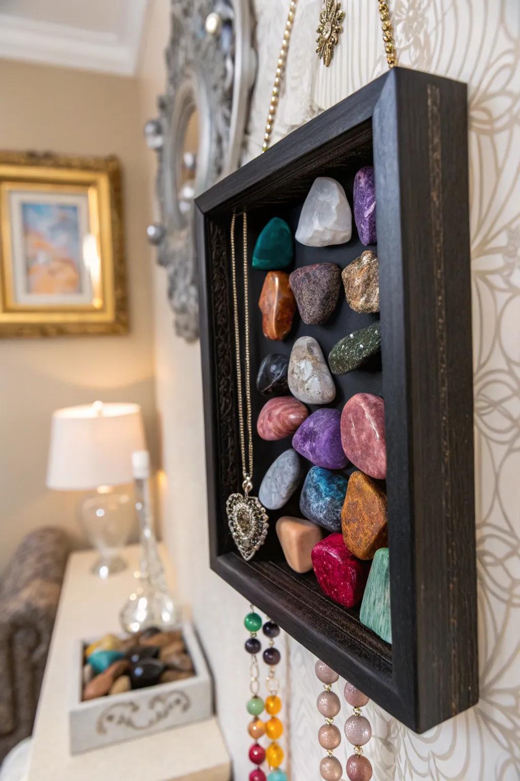 A display case showcasing rocks as a unique wall exhibit