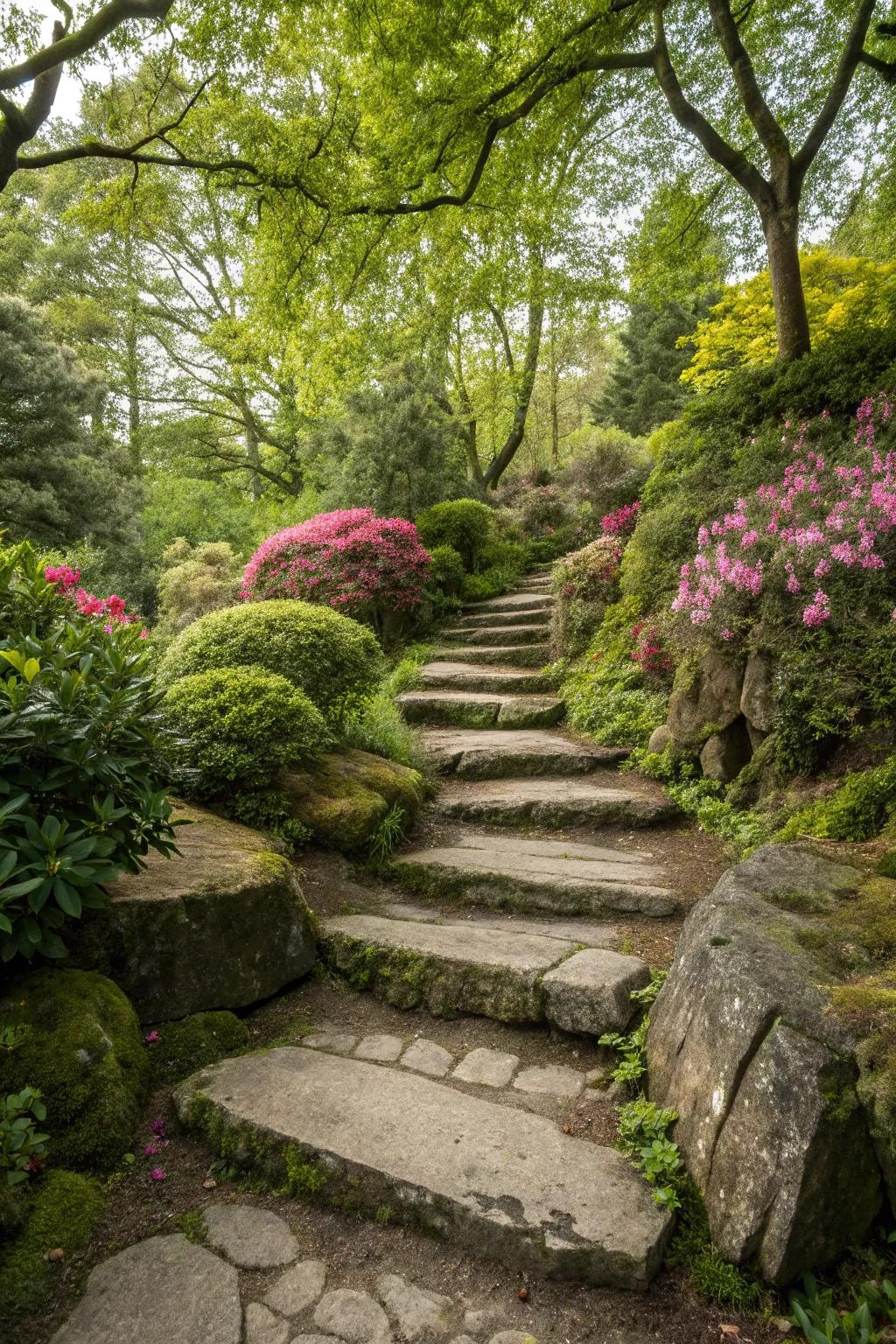 Garden path that has been naturally laid out using stones for a rustic yet charming atmosphere.