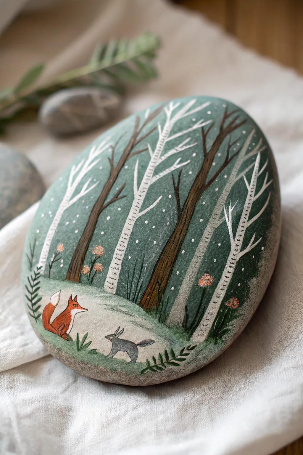Infuse your home with the calming aura of a forest through this captivating, hand-painted rock design.